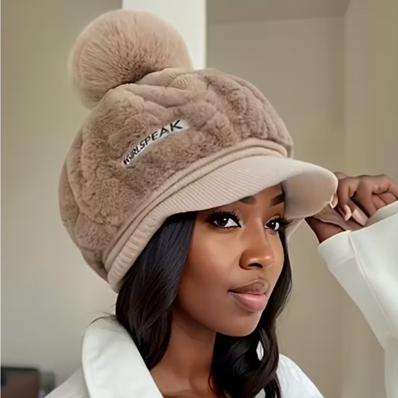 NEW FAUX FUR BEIGE POM POM Beanie Hat Lined w/Faux Fur EXTRA WARMTH Hip Hop - Picture 1 of 6